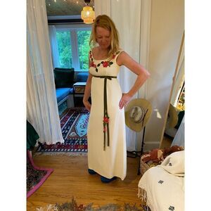 Vintage Cream Long Gown with Embroidered Pink Flowers & Green Velvet Ribbon